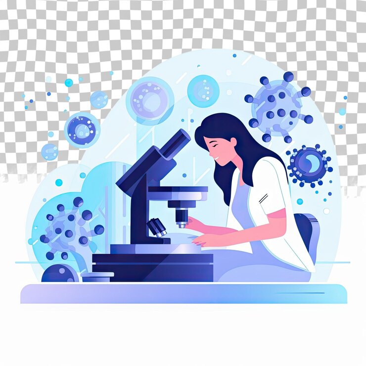PSD trabalhador de laboratório fazendo pesquisa cientista usando microscópio estudando micróbio ou vírus ilustrador de vetor plano
