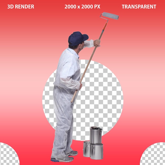 Trabalhador de pintura pintando a parede com fundo isolado transparente