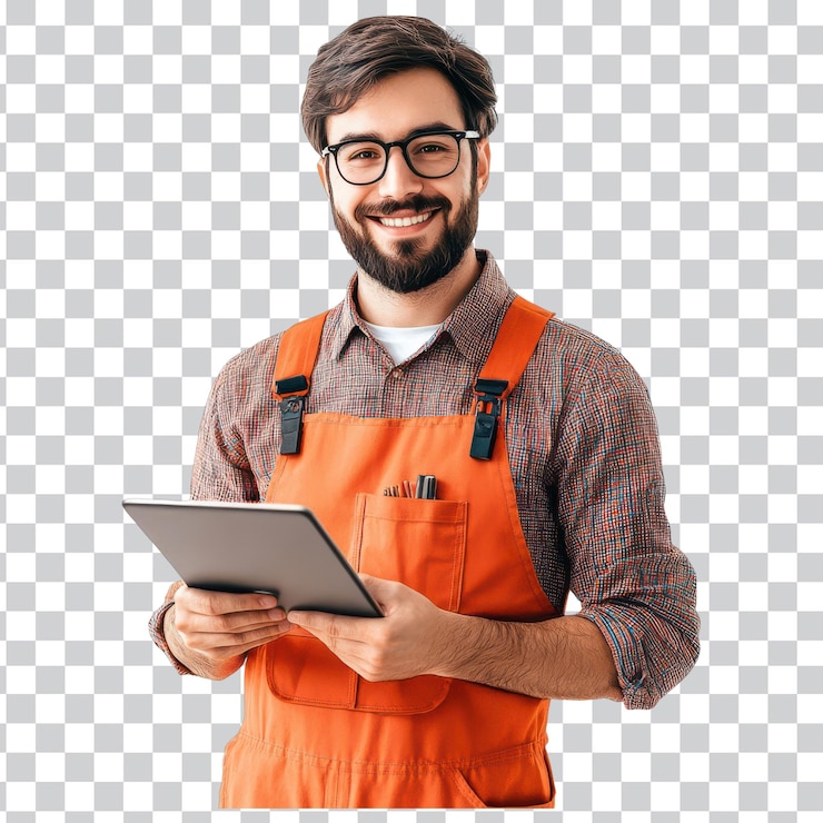 PSD trabalhador jovem sorridente de uniforme laranja ideal para projetos de construção e segurança em fundo transparente png