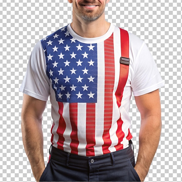 PSD trabalhador vestindo camiseta impressa com bandeira americana png