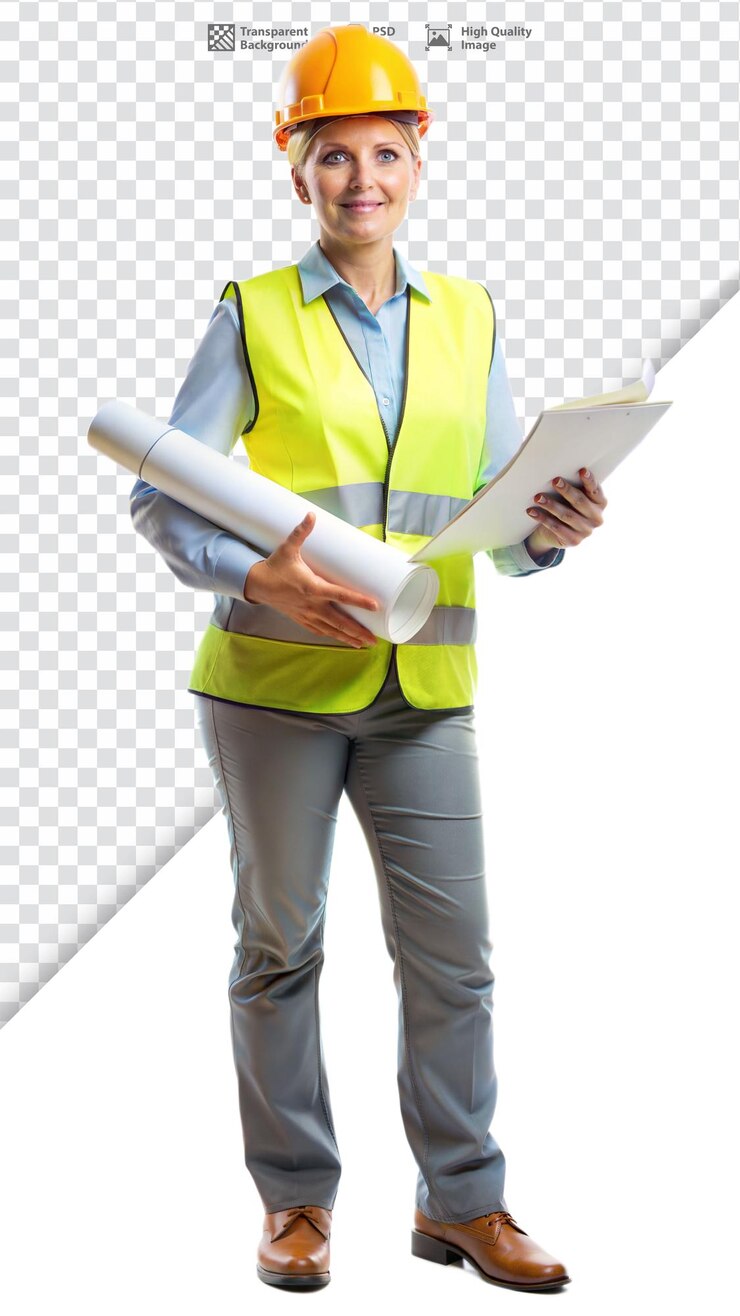 Trabalhadora de construção segura segurando planos e caderno