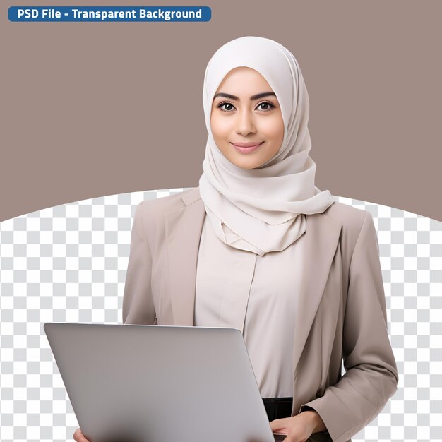 PSD trabalhadora de escritório muçulmana, uma mulher de negócios de sucesso com laptop, mulher árabe sorridente em hijab