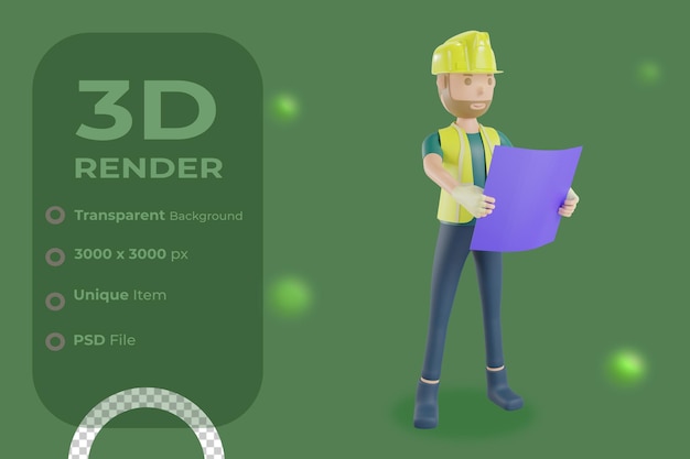 PSD trabalhadores da construção civil leem a renderização da ilustração 3d da planta