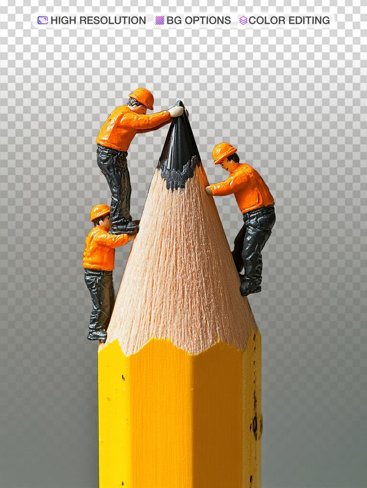 PSD trabalhadores de construção de plástico brincalhões levantando um lápis escolar amarelo gigante