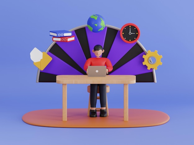 Trabalho multitasking ilustrador 3D empresário com habilidades multitasking sentado em seu laptop