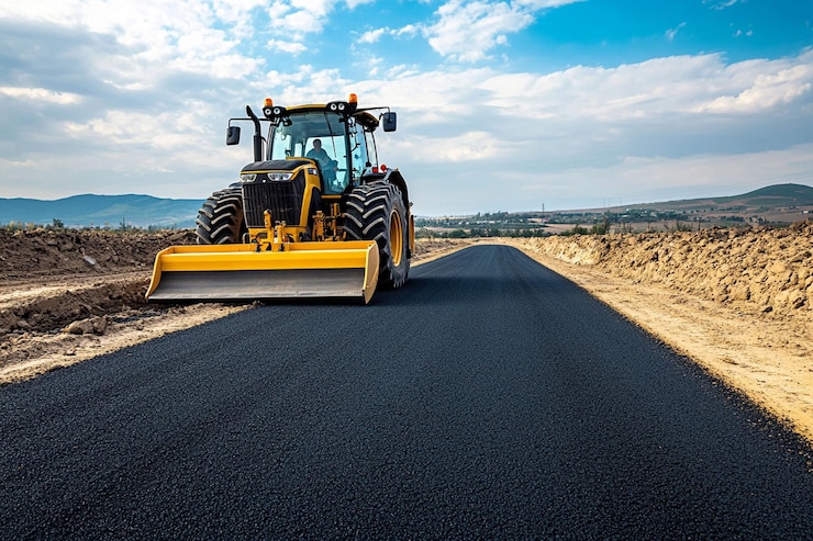 PSD tractor amarillo pavimentando una nueva carretera de asfalto en un paisaje rural bajo un cielo parcialmente nublado