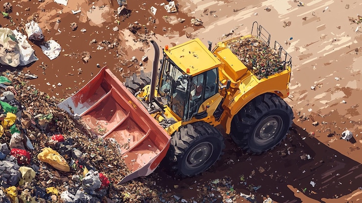 PSD tractor giallo che sposta la spazzatura in una discarica