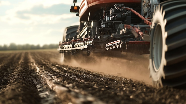 PSD tractor plantando semillas en un campo vista de cerca de la maquinaria y el suelo