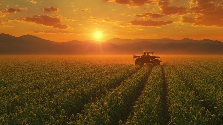 Tractor trabajando en un campo al atardecer