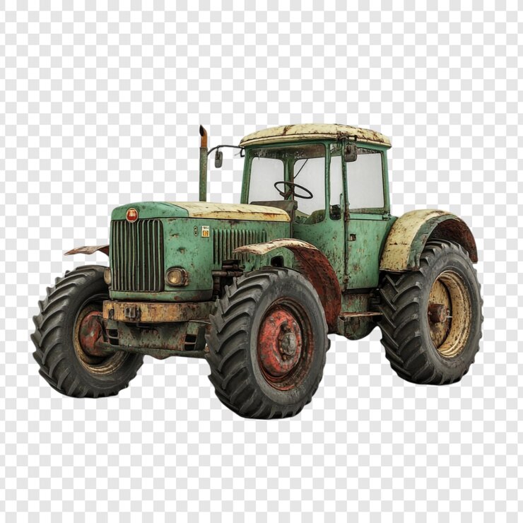 PSD tractor verde antico, fascino rustico, macchina resistente alle intemperie, veicolo agricolo.