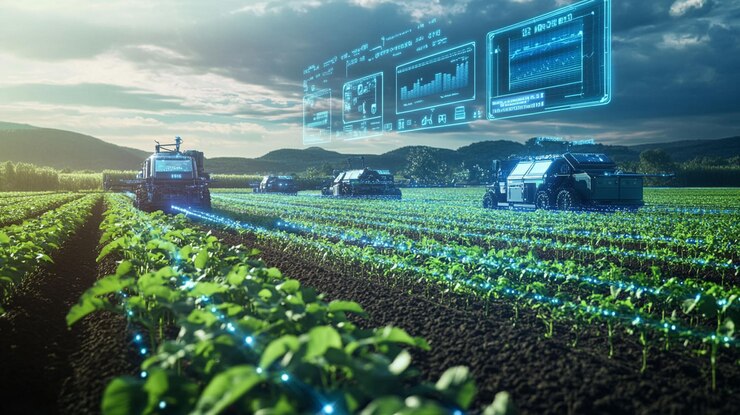 PSD tractores autónomos que utilizan ia y tecnología de agricultura de precisión en un campo