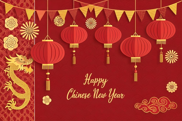 Tradicional chinês frstival fundo vermelho saudação com lanternas