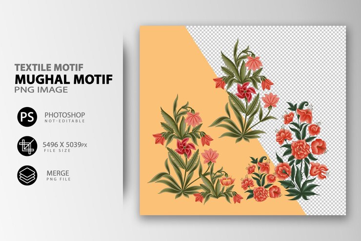 Traditional Mughal colorful flower illustration for Print use for textile paint