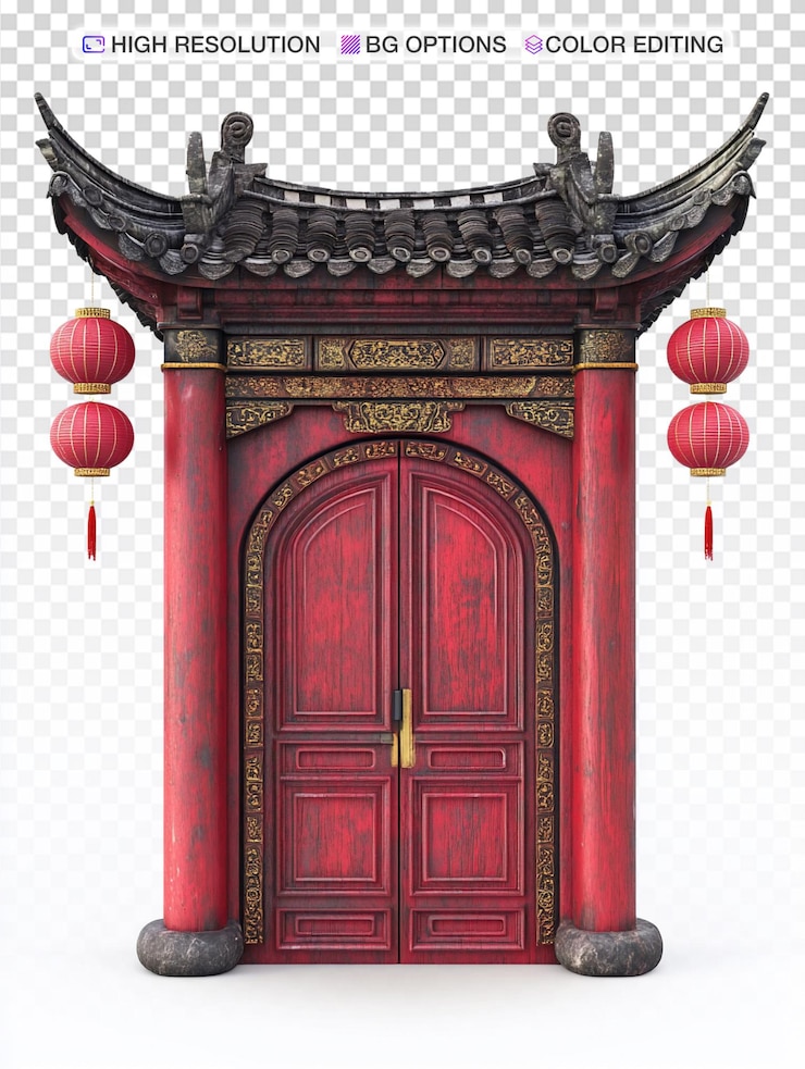 PSD traditionelle chinesische rote tür mit laternen auf weiß