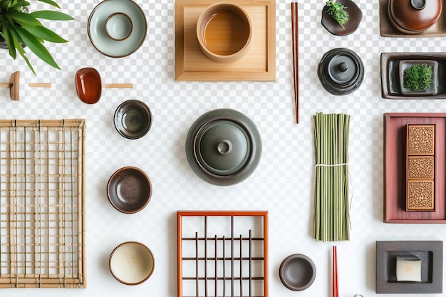 Traditionelle japanische Haushaltsdekorationen auf einem weißen Tisch