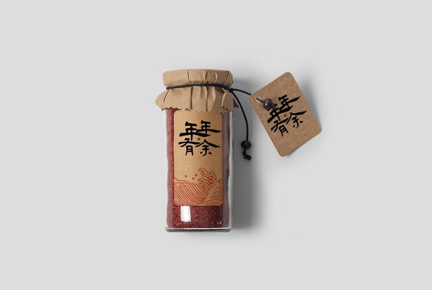 Traditioneller chinesischer Tee in einer Glasflasche mit brauner Papierverpackung und Etikette