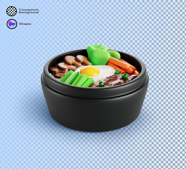 Traditionelles koreanisches Essen Bibimbap in einer Schüssel Koreanische Küche Gericht mit Reis Rindfleisch Fleisch Ei Gewürzsauce Gemüse Karotten Kimchi Pilze in schwarzem Stein Topf Asiatische Restaurant-Menü