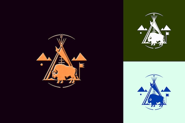 PSD traditionelles sioux-logo mit einem teepee und einem büffel für dekorative kreative abstrakte vektordesigns