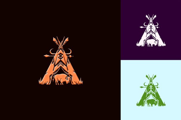 PSD traditionelles sioux-logo mit einem teepee und einem büffel für dekorative kreative abstrakte vektordesigns