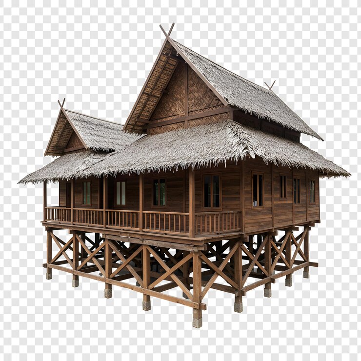 Tradizionale casa su pali di legno con tetto di paglia