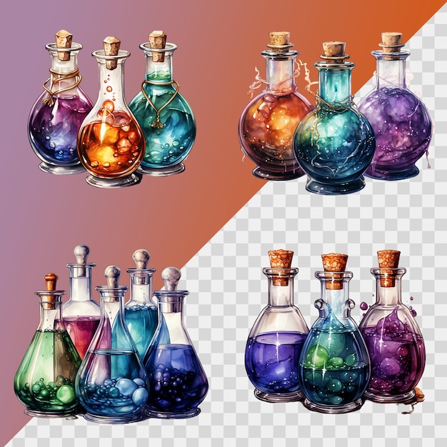 Tränke in verschiedenen flaschen realistisch gesetzt isoliert auf durchsichtigem hintergrund