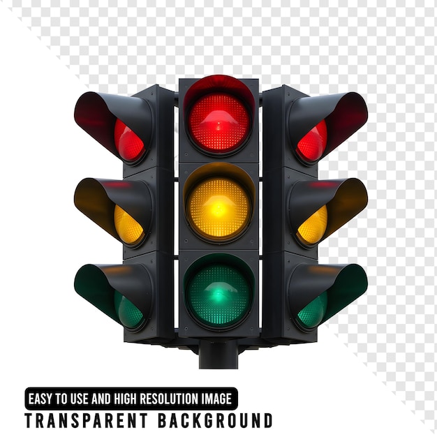 Traffic light with red yellow and green lights on a transparent background