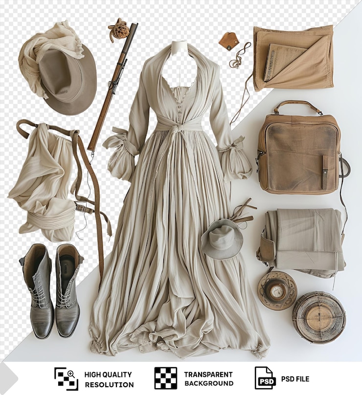 PSD traje y accesorios de recreación histórica transparente exhibido en un fondo transparente con un vestido blanco gris y zapatos marrones un sombrero marrón y una bolsa marrón