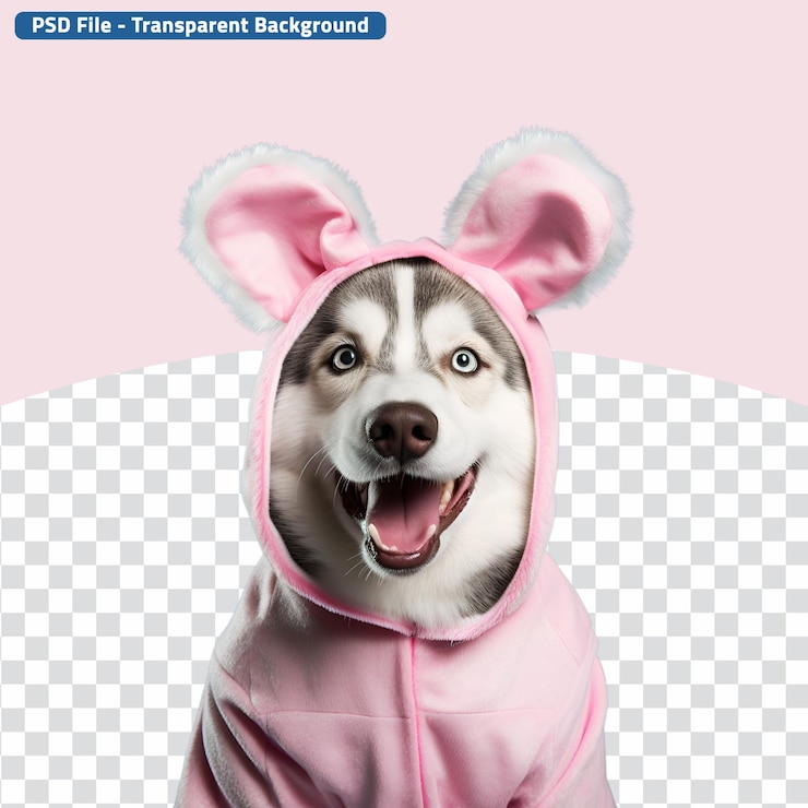 PSD traje de coelho de páscoa em um cão siberian husky encantado com orelhas de coelho à espera da páscoa.
