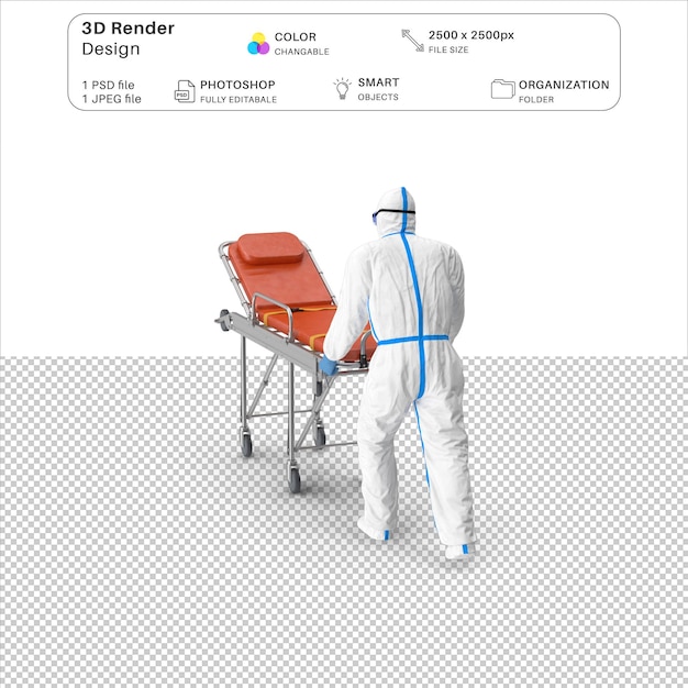 traje de proteção com aço inoxidável ambulância hospital cama Gurney 3D modelagem PSD arquivo