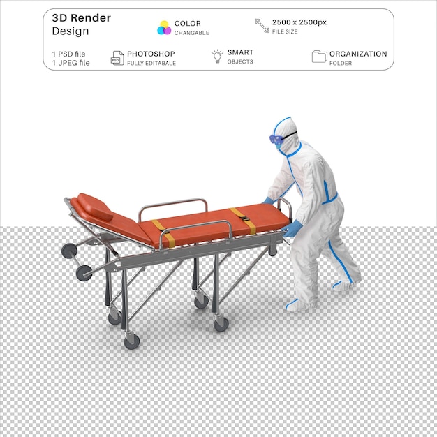 PSD traje de proteção com aço inoxidável ambulância hospital cama gurney 3d modelagem psd arquivo