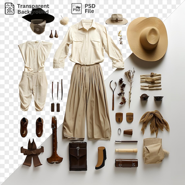 PSD traje e acessórios de reconstituição histórica isolados exibidos em uma parede branca com um chapéu preto botas castanhas um vestido branco e um pequeno relógio castanho