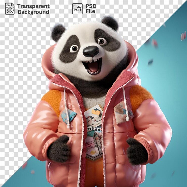 PSD traje de moda de un oso panda en una chaqueta rosa y pantalones vaqueros azules con una boca abierta y nariz negra y una pata negra visible en primer plano