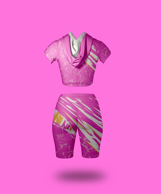 un traje rosa con una parte superior rosa y una parte superior blanca que dice camiseta