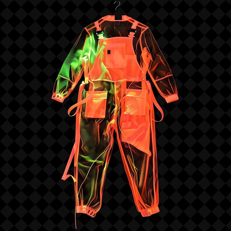 PSD trajes casuales con un ajuste relajado y una vibra utilitaria ma objeto de neón en fondo oscuro