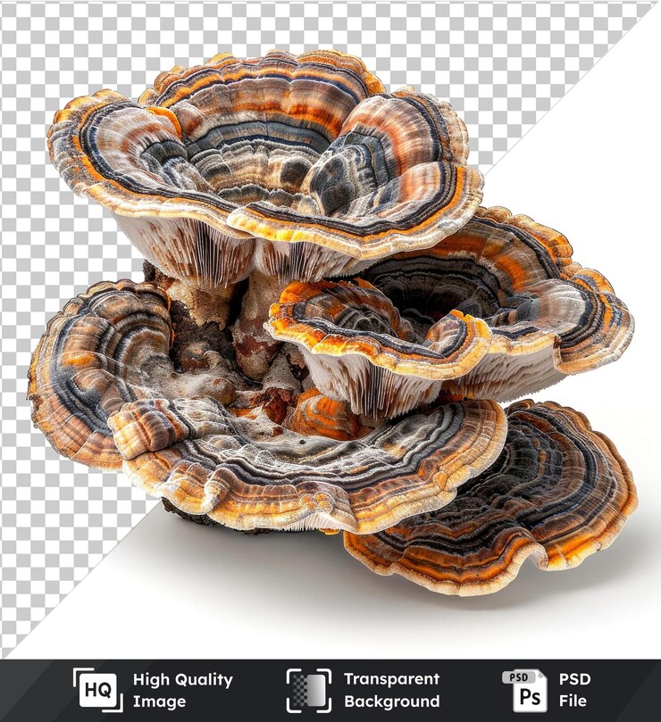 PSD trametes versicolor, setas de cola de pavo aisladas sobre un fondo transparente