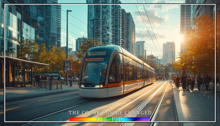 PSD un tramway moderne voyage à travers une ville animée avec le coucher du soleil en arrière-plan