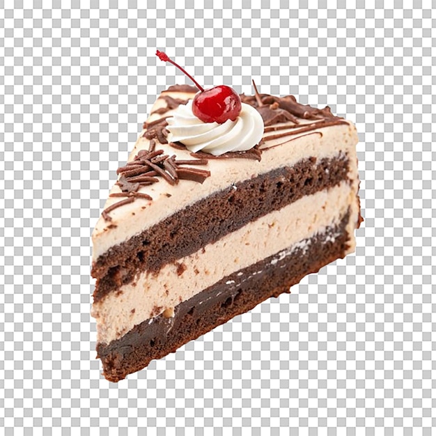 Une tranche de gâteau au chocolat avec du glaçage crémeux et une cerise sur le dessus