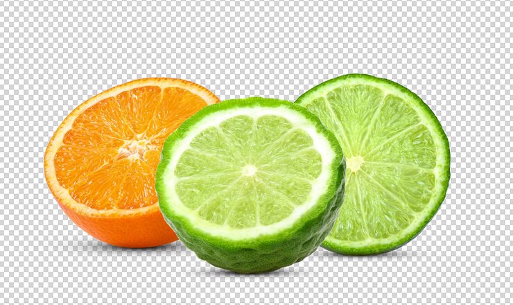 PSD tranche d'orange bergamote citron vert isolée sur la couche alpha