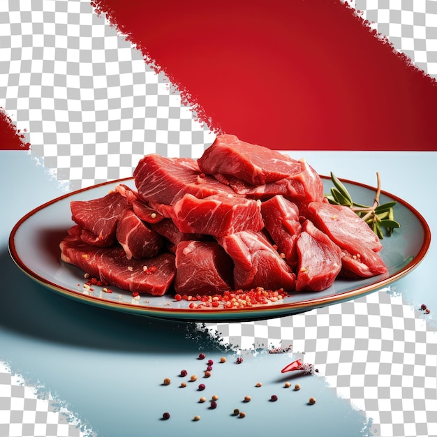 PSD des tranches de bœuf cru frais avec de l'ail et des poivrons rouges sur un fond transparent dans un plat