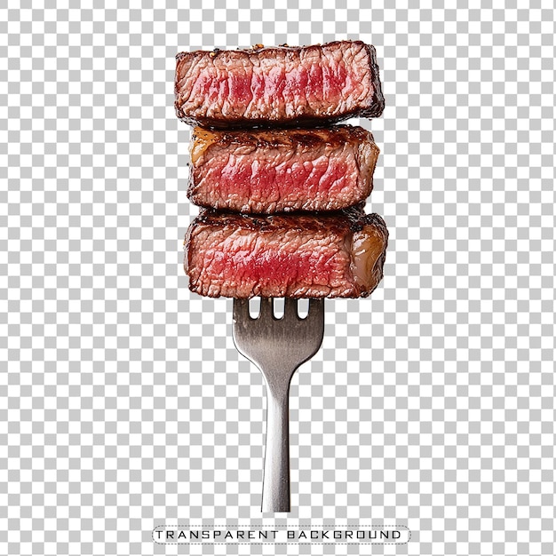 Des tranches de steak tenues par une fourchette sur un fond transparent