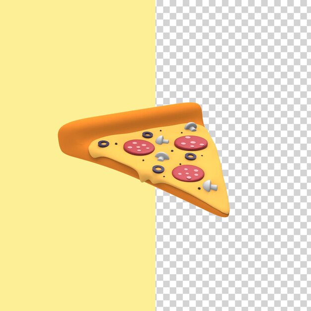 Trancio di pizza con salame, funghi e olive. Modello di rendering 3D isolato sfondo giallo.