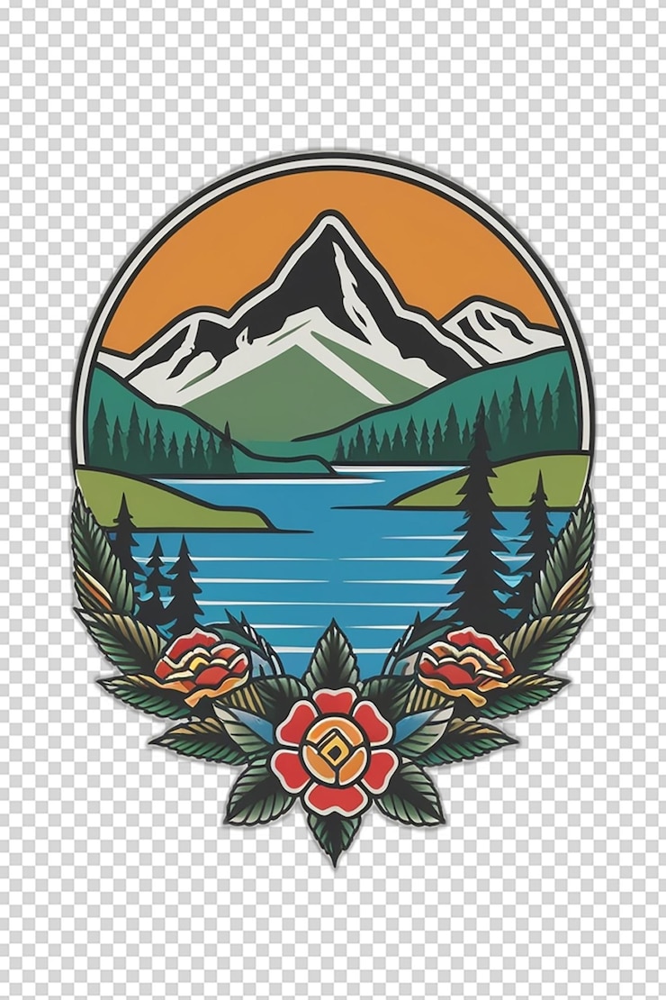 PSD tranquil mountain scene framed by vibrant floral accents and sunset sky