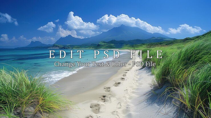 PSD la tranquila playa con su exuberante follaje y sus majestuosas montañas