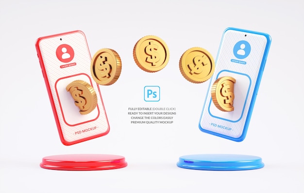 Transfert d'argent entre les maquettes de téléphones mobiles envoyant et recevant des pièces en dollars en illustration 3D