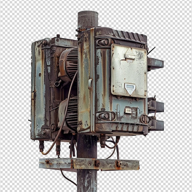 PSD transformador elétrico antiquado em um poste isolado em fundo transparente