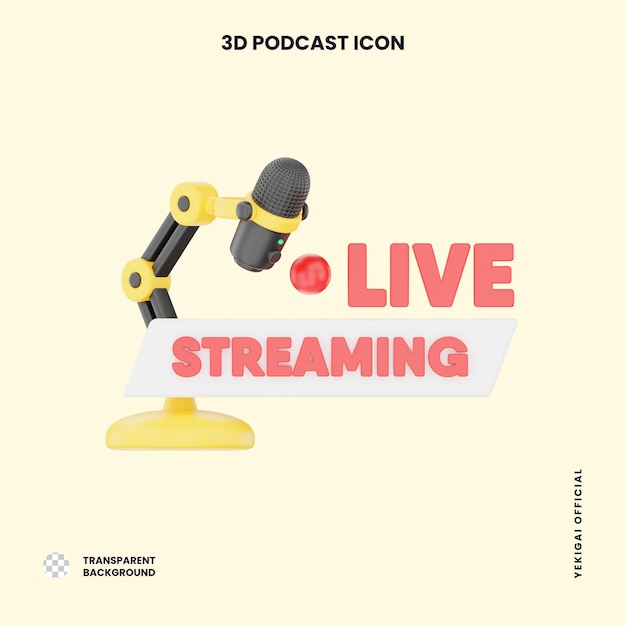 Transmisión en vivo con micrófono 3D Podcast Ilustración para la infografía de la aplicación web uiux, etc.
