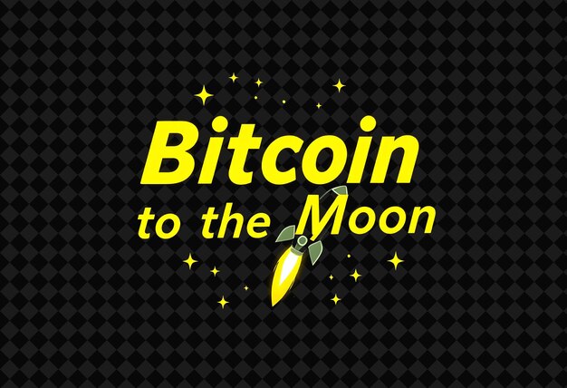 Transmitiendo Bitcoin a la Luna Texto en Neon Sunshine Yellow y Deep Indigo con un cohete luminescente