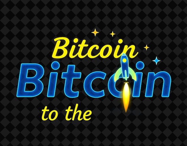 Transmitiendo Bitcoin a la Luna Texto en Neon Sunshine Yellow y Deep Indigo con un cohete luminescente
