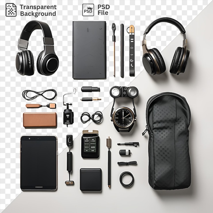 PSD transparent background home workout equipment set featuring black headphones a black case and a black pen on a transparent background