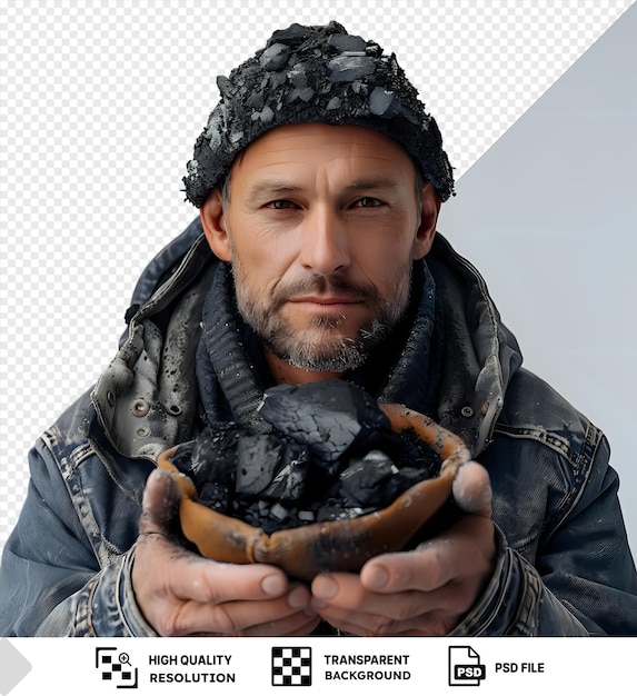 PSD transparent background man holding a guest of coals in his hands png psd